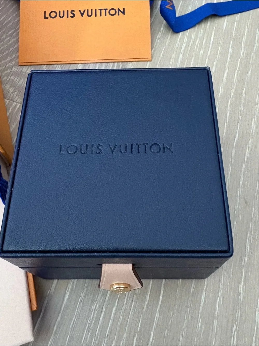 Louis Vuitton Navy Leather Ring Jewelry Box and gift box and tag